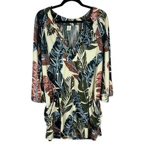 Saint Tropez West Tropical Boho Long Sleeve Pockets V Neckline Mini Dress Large